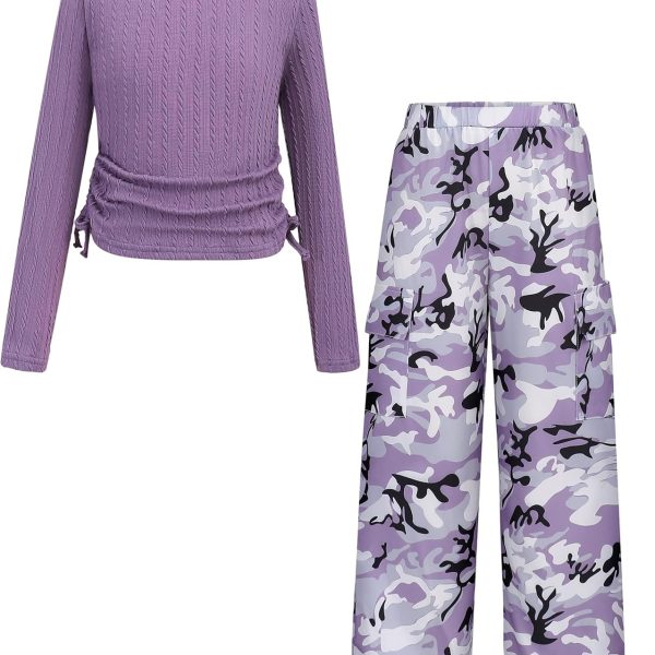 Girls Clothes Tween Girl Clothing Long Sleeve Ruched Drawstring Ribbed Knit Top Camo Cargo Pants Fall Winter Outfits