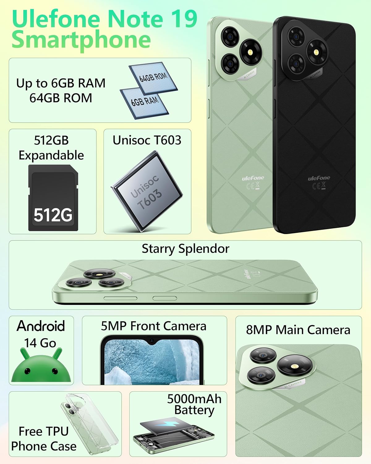 Ulefone Note 19 Unlocked Phones, 6.56" HD+ Display, Android 14, 8-Core 6GB+64GB, 5000mAh Battery, 3-Card Slots, Dual 4G Unlocked Smartphones, 8MP+5MP Camera, GPS/Face Recognition - Black 2 Ulefone Note 19 Unlocked Phones, 6.56" HD+ Display, Android 14, 8-Core 6GB+64GB, 5000mAh Battery, 3-Card Slots, Dual 4G Unlocked Smartphones, 8MP+5MP Camera, GPS/Face Recognition - Black - Image 2