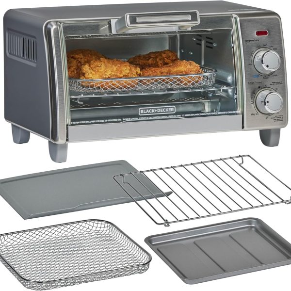 BLACK+DECKER Crisp 'N Bake Air Fry Countertop Convection Toaster Oven, Medium Capacity, 4-Slice, 5-in-1, Fits 9” Pizza, 30-Min Timer, Bake, Broil, Air Fry, Toast, Keep Warm, Stainless Steel