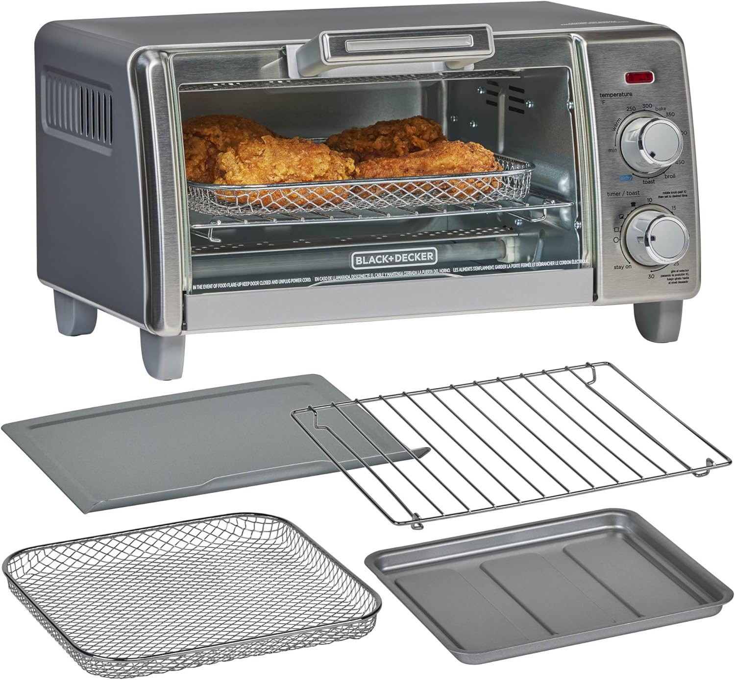 BLACK+DECKER Crisp 'N Bake Air Fry Countertop Convection Toaster Oven, BLACK+DECKER Crisp 'N Bake Air Fry Countertop Convection Toaster Oven, Medium Capacity, 4-Slice, 5-in-1, Fits 9” Pizza, 30-Min Timer, Bake, Broil, Air Fry, Toast, Keep Warm, Stainless Steel