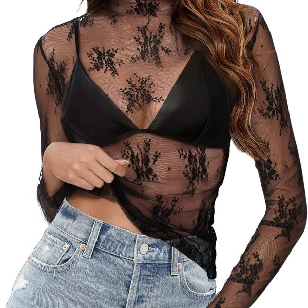Buauty Mesh Long Sleeve Top for Women, Lace Sheer Tops See Through Mock Neck Floral Embroidery Sheer Blouce Fishnet Shirt