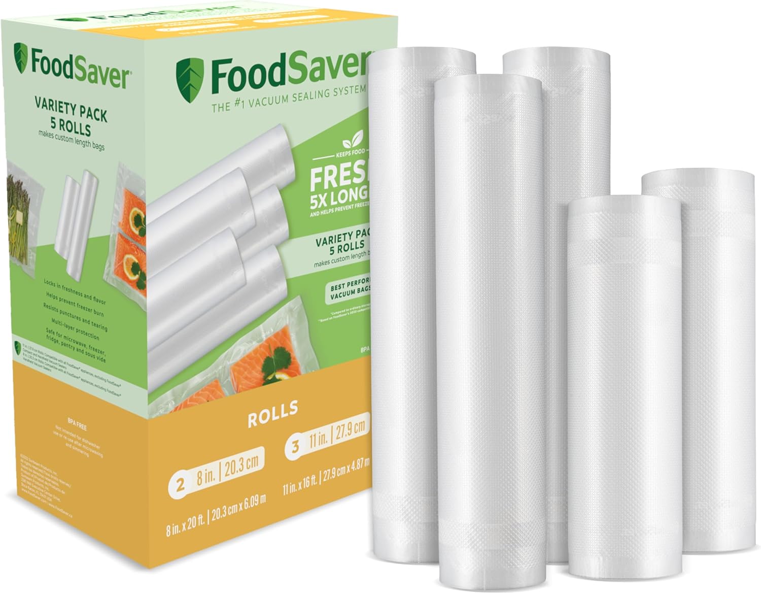 FoodSaver Custom Length Vacuum Sealer Bags Multipack, 5 Count Rolls FoodSaver Custom Length Vacuum Sealer Bags Multipack, 5 Count Rolls for Airtight Food Storage and Sous Vide - Compatible with FoodSaver, 8 (2 Pack) and 11 (3 Pack)
