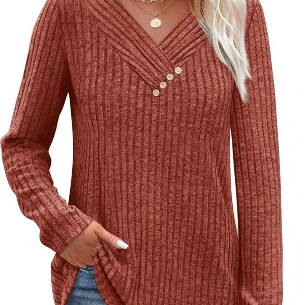 SAMPEEL Sweaters for Women Long Sleeve Shirts V Neck Tops with Buttons Fall Fashion Outfits Winter Clothing 2025