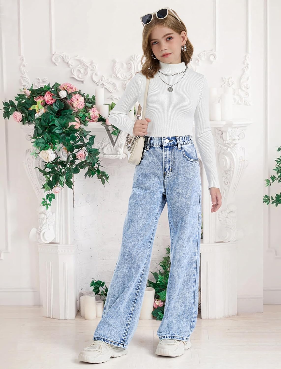 Girls Wide Leg Jeans Baggy Bow Embroidery High Elastic Waist Denim Pants Cute Y2K Trendy Tween Streetwear 8-16Y 2 Girls Wide Leg Jeans Baggy Bow Embroidery High Elastic Waist Denim Pants Cute Y2K Trendy Tween Streetwear 8-16Y - Image 2