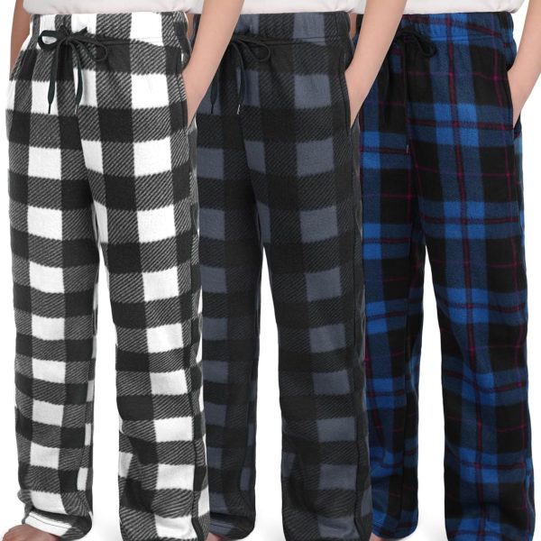 IHU 3 Pack Boys Pajama Pants Kids Micro Fleece Pj Bottoms Sleepwear Plaid Lounge Pant with Drawstring Pockets Boy Clothes