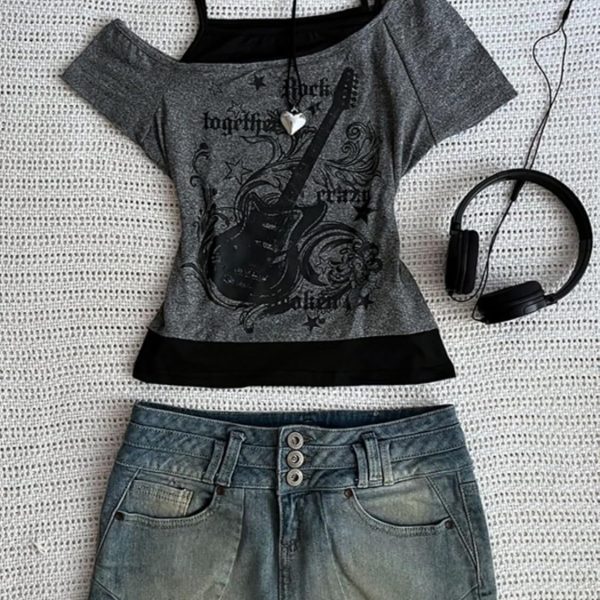 Emo Grunge Shirts Women 2000s Graphic Baby Tees Fake Two Piece Short Sleeve Vintage Y2k Crop Top Goth Alt Clothes