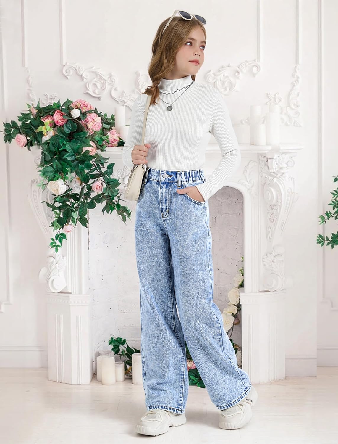 Girls Wide Leg Jeans Baggy Bow Embroidery High Elastic Waist Denim Pants Cute Y2K Trendy Tween Streetwear 8-16Y 3 Girls Wide Leg Jeans Baggy Bow Embroidery High Elastic Waist Denim Pants Cute Y2K Trendy Tween Streetwear 8-16Y - Image 3
