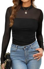 Womens Sexy Mesh Long Sleeve Shirts Fashion Clothing Turtle Necks Sheer Ruched Going Out Tops Fall Outfits Slim Fit Blouses - Image 2