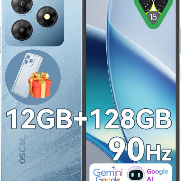 OSCAL Android Phones Unlocked for T-Mobile, FLAT 2 Android 15 Phone(2025), 12GB+128GB/2TB TF Octa Core, Dual SIM Phones Unlocked (US Warranty), 5000mAh, 90Hz, 6.56"HD+, 4G/GPS/Fingerprint/Face ID-Blue