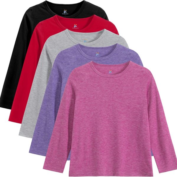 5 Pack Girls Long Sleeve Shirts Soft Crewneck Long-Sleeve T-Shirts Basic Tagless Layering Tees
