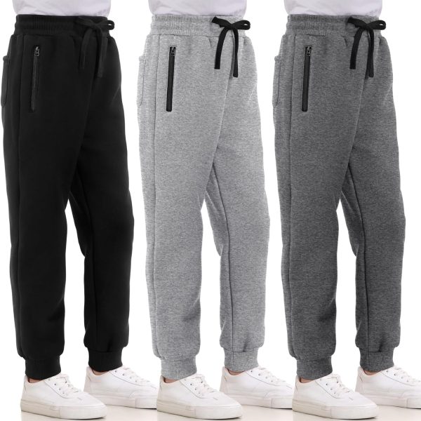 3 Pack Boys Sweatpants Fleece Cotton Athletic Pants Boys Joggers with Zipper Pockets Kids Youth Workout Sweat Pants Size 5-16