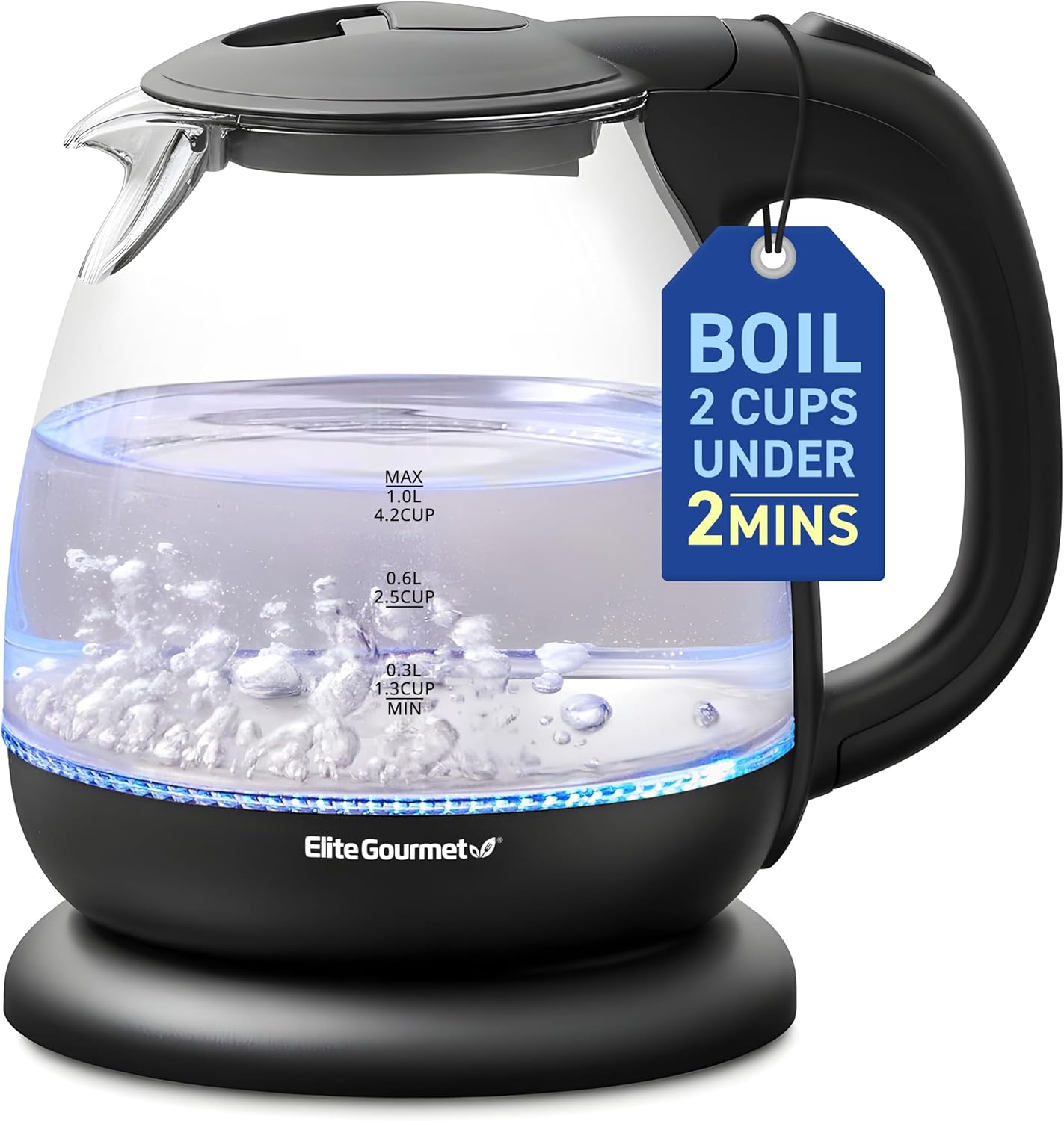 Elite Gourmet EKT1001 Electric 1.0L BPA-Free 1100W Glass Kettle Cordless 360° Base, Stylish Blue LED Interior, Handy Auto Shut-Off Function – Quickly Boil Water For Tea & More, Black 1 Elite Gourmet EKT1001 Electric 1.0L BPA-Free 1100W Glass Kettle Cordless 360° Base, Stylish Blue LED Interior, Handy Auto Shut-Off Function – Quickly Boil Water For Tea & More, Black