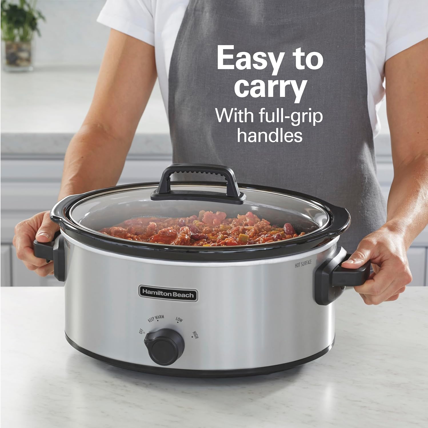 Hamilton Beach 6-Quart Slow Cooker with 3 Cooking Settings, Dishwasher-Safe Stoneware Crock & Glass Lid, Silver (33665G) 3 Hamilton Beach 6-Quart Slow Cooker with 3 Cooking Settings, Dishwasher-Safe Stoneware Crock & Glass Lid, Silver (33665G) - Image 3
