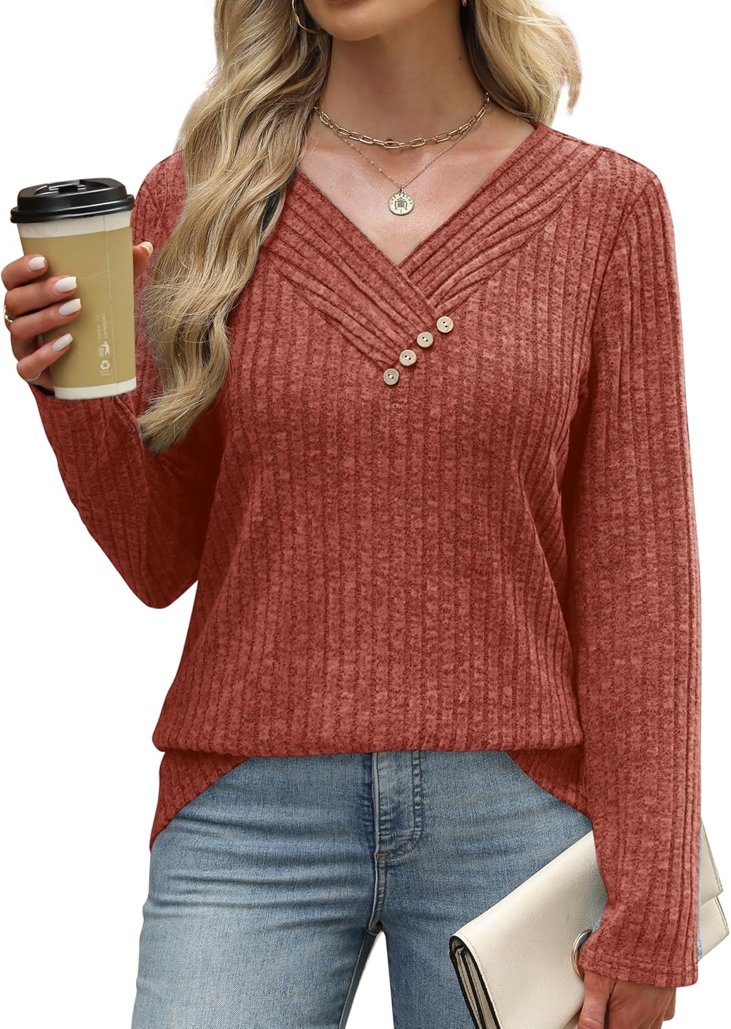 SAMPEEL Sweaters for Women Long Sleeve Shirts V Neck Tops with Buttons Fall Fashion Outfits Winter Clothing 2025 3 SAMPEEL Sweaters for Women Long Sleeve Shirts V Neck Tops with Buttons Fall Fashion Outfits Winter Clothing 2025 - Image 3