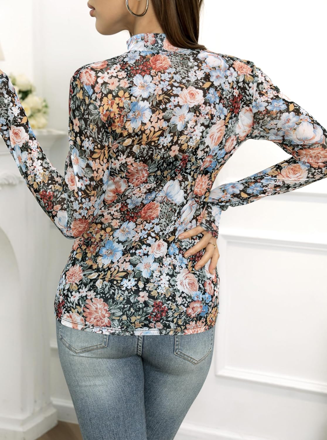 Floral Mesh Long Sleeve Tops for Women Mock Neck See Through Fitted Sexy Going Out Top 7 Floral Mesh Long Sleeve Tops for Women Mock Neck See Through Fitted Sexy Going Out Top - Image 7