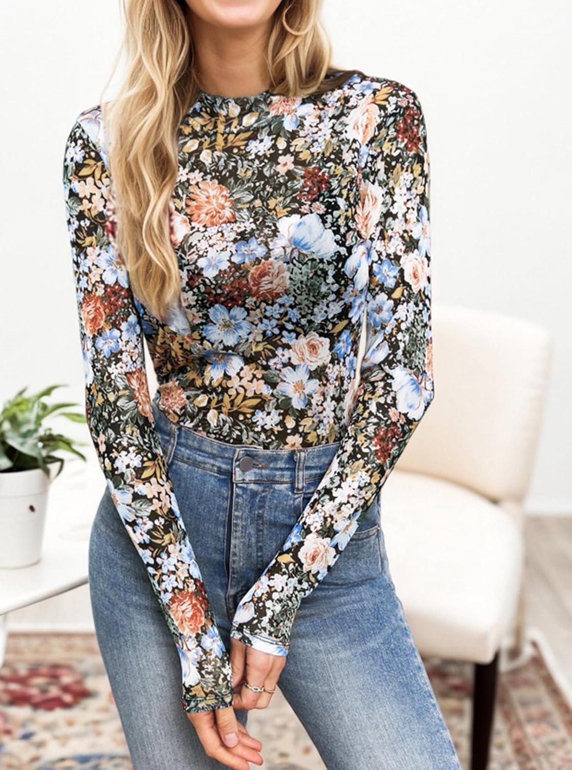 Floral Mesh Long Sleeve Tops for Women Mock Neck See Through Fitted Sexy Going Out Top 6 Floral Mesh Long Sleeve Tops for Women Mock Neck See Through Fitted Sexy Going Out Top - Image 6