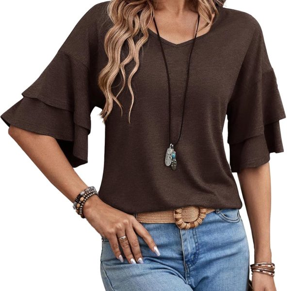 Womens Blouses Ruffle Sleeve Top V Neck Shirts Casual Outfit Bell Sleeve Cute Tee Spring Fall Summer Fashion Clothes
