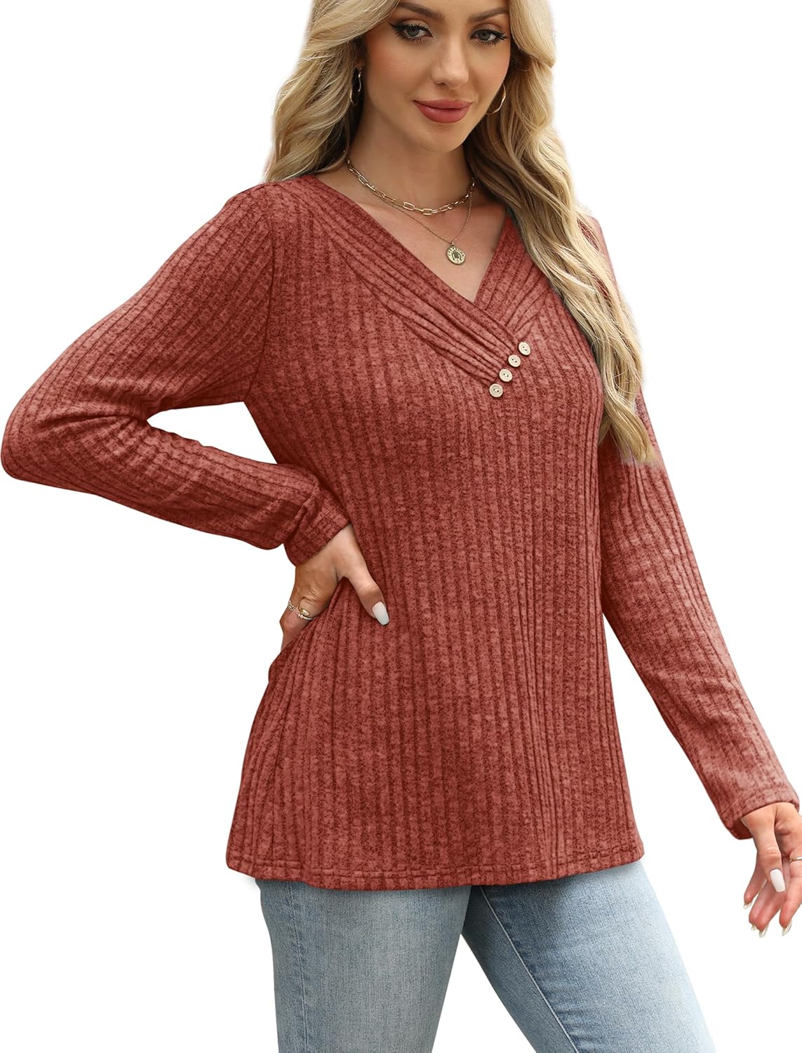 SAMPEEL Sweaters for Women Long Sleeve Shirts V Neck Tops with Buttons Fall Fashion Outfits Winter Clothing 2025 4 SAMPEEL Sweaters for Women Long Sleeve Shirts V Neck Tops with Buttons Fall Fashion Outfits Winter Clothing 2025 - Image 4