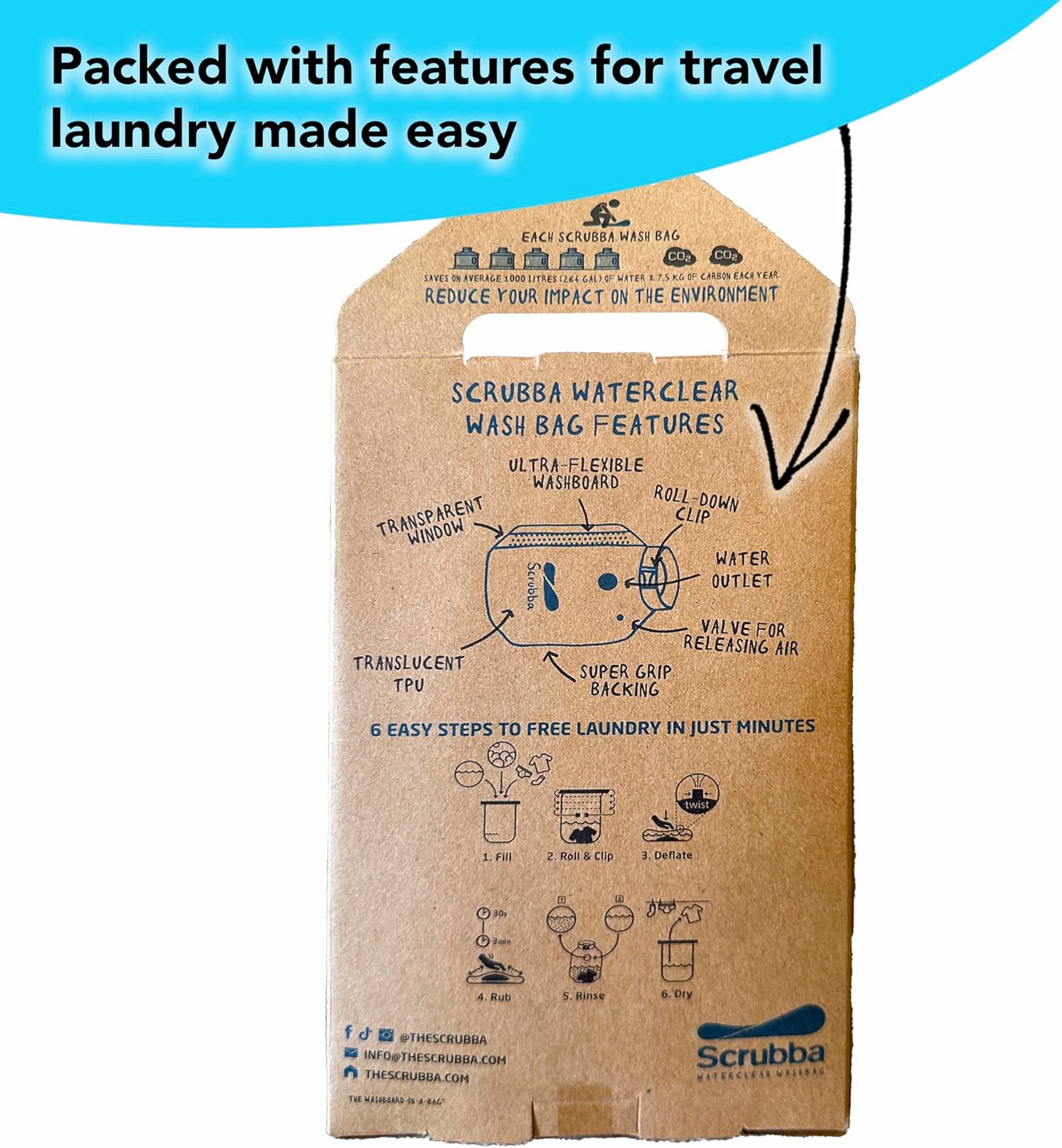 Scrubba Waterclear Wash Bag Portable Washing Machine - New Water Inlet/Outlet for easy rinsing - Manual Portable Washer for Travel, Camping, Laundry, Baby Clothes - Travel Essentials, Gift - 6.9 oz 8 Scrubba Waterclear Wash Bag Portable Washing Machine - New Water Inlet/Outlet for easy rinsing - Manual Portable Washer for Travel, Camping, Laundry, Baby Clothes - Travel Essentials, Gift - 6.9 oz - Image 8