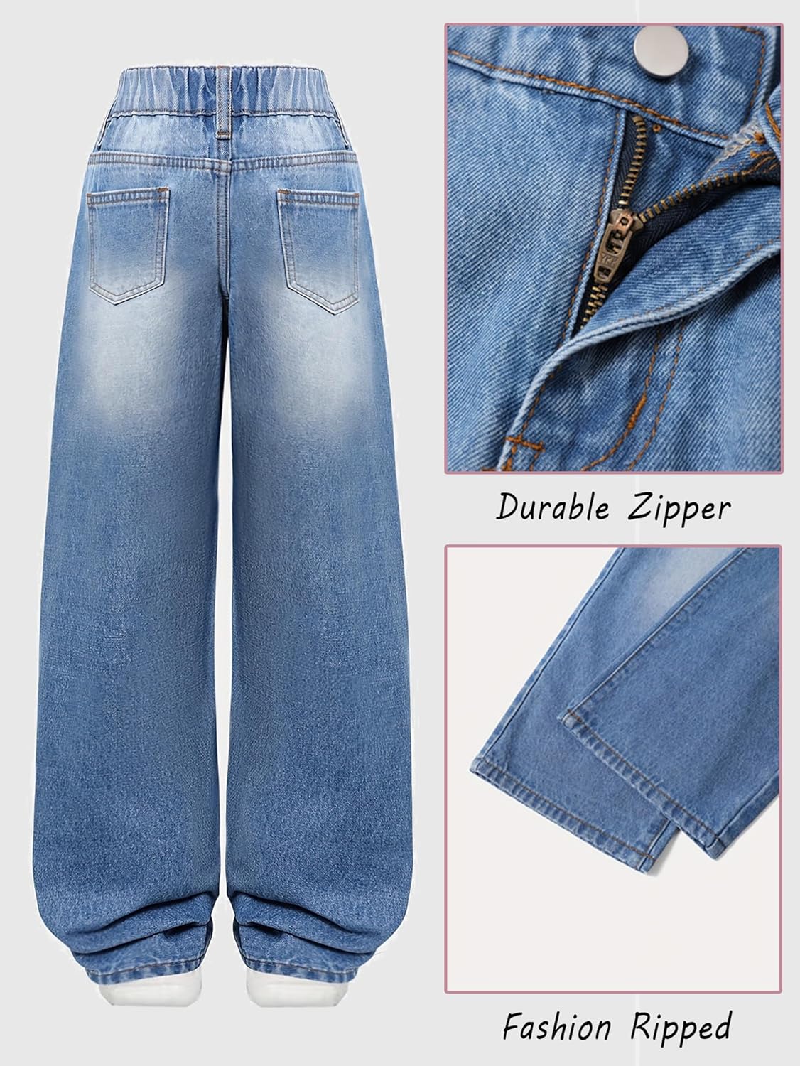 Jeans for Girls Baggy Wide Leg Cute Bow High Elastic Waisted Denim Pants Y2K Boyfriend Skater Streetwear 7-14Y 2 Jeans for Girls Baggy Wide Leg Cute Bow High Elastic Waisted Denim Pants Y2K Boyfriend Skater Streetwear 7-14Y - Image 2