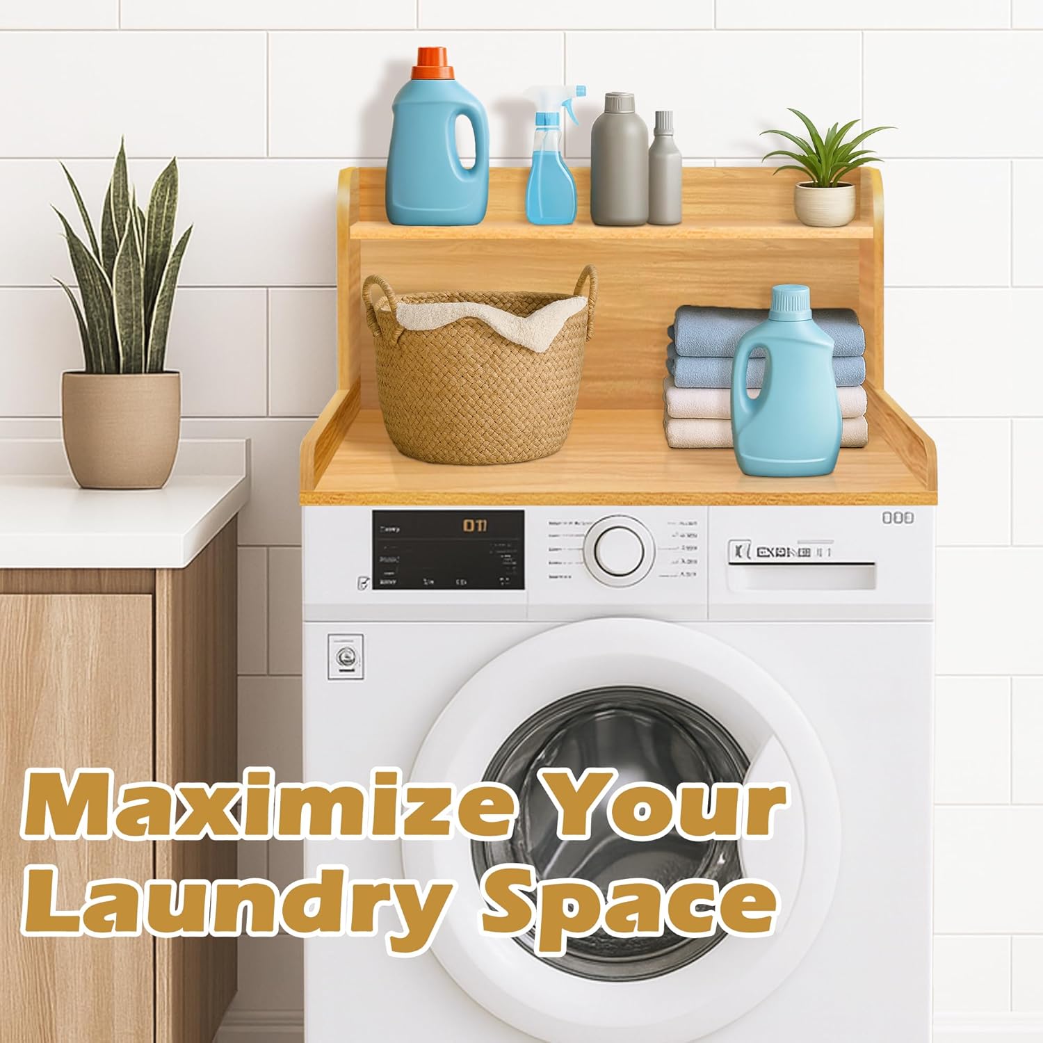 Royxen Washer Dryer Countertop with Shelf,2-Tier Laundry Countertop for Single Washer and Dryer,Soild Wood Core Washer Dryer Topper for Laundry Room Organization (Oak) 2 Royxen Washer Dryer Countertop with Shelf,2-Tier Laundry Countertop for Single Washer and Dryer,Soild Wood Core Washer Dryer Topper for Laundry Room Organization (Oak) - Image 2