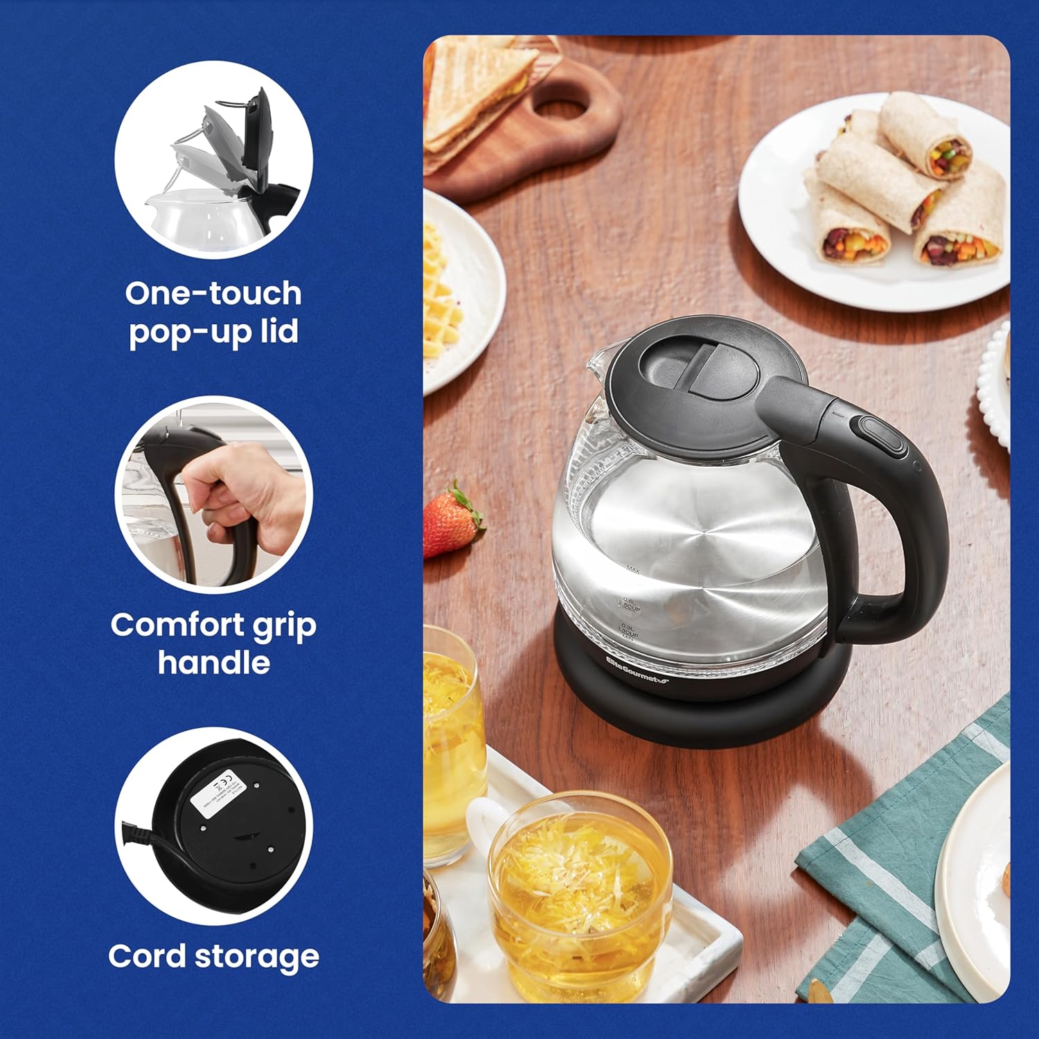 Elite Gourmet EKT1001 Electric 1.0L BPA-Free 1100W Glass Kettle Cordless 360° Base, Stylish Blue LED Interior, Handy Auto Shut-Off Function – Quickly Boil Water For Tea & More, Black 6 Elite Gourmet EKT1001 Electric 1.0L BPA-Free 1100W Glass Kettle Cordless 360° Base, Stylish Blue LED Interior, Handy Auto Shut-Off Function – Quickly Boil Water For Tea & More, Black - Image 6