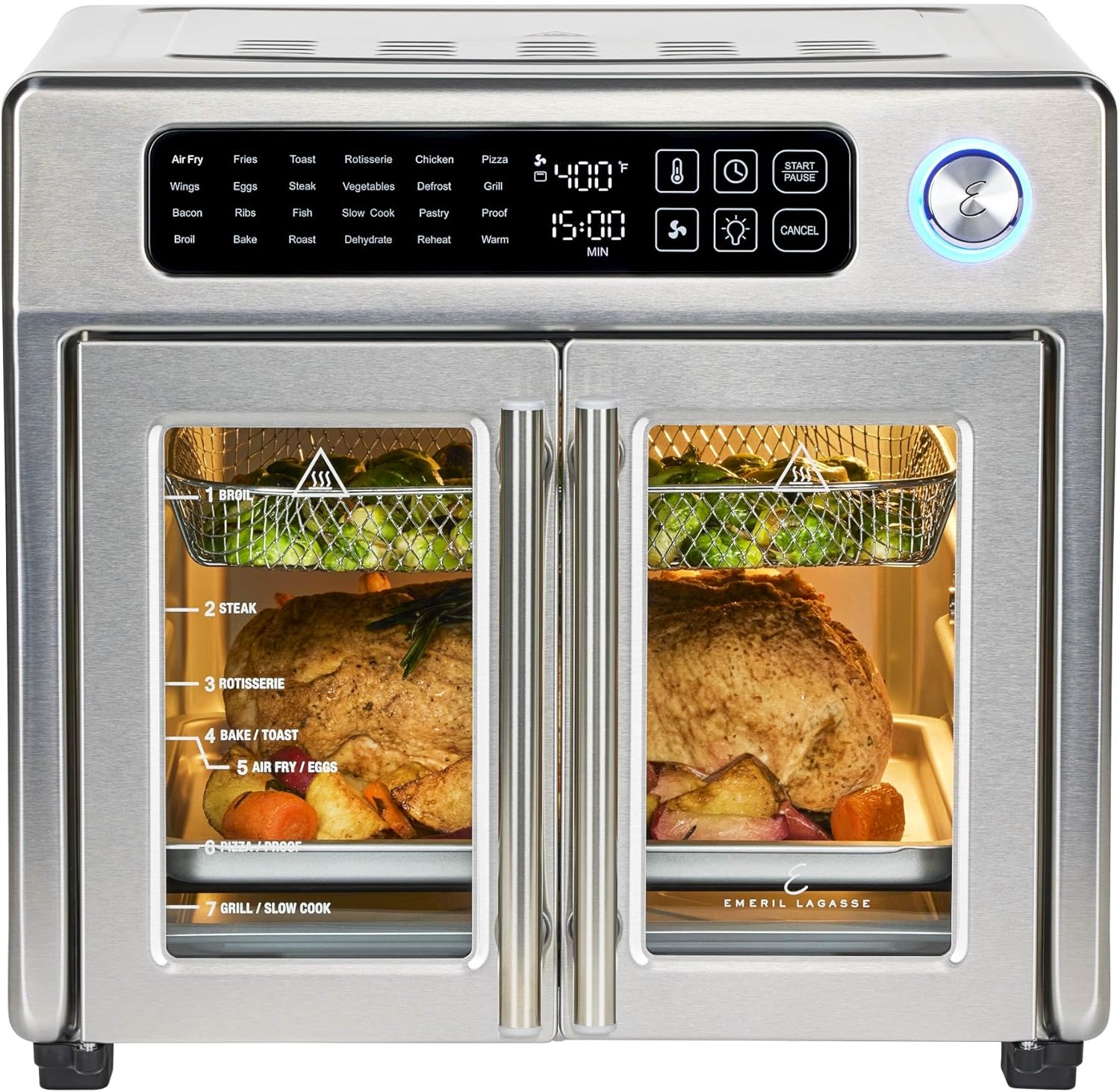 Emeril Lagasse Extra Large French Door Air Fryer Toaster Oven Emeril Lagasse Extra Large French Door Air Fryer Toaster Oven Combo, 24 Cooking Functions and Digital Controls, 7 Accessories Included, Stainless Steel Finish, 26QT Capacity