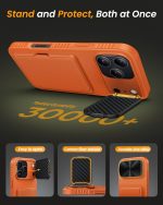for iPhone 17 Pro Max Case with Credit Card Holder, Built-in Camera Cover & Stand, Silicone Bumper Raised Edge Full Body Protective Phone Cover Case for iPhone 17 Pro Max 6.9" 2025, Orange - Image 5