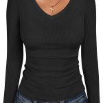 ANRABESS Long Sleeve Shirts for Women V Neck Ribbed Knit Fitted Fall Basic Tshirts Going Out Tops 2025 Casual Trendy Clothes