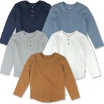 HonestBaby 5-pack Waffle Henley Long Sleeve Shirts 100% Organic Cotton for Infant Baby and Toddler Boys, Unisex