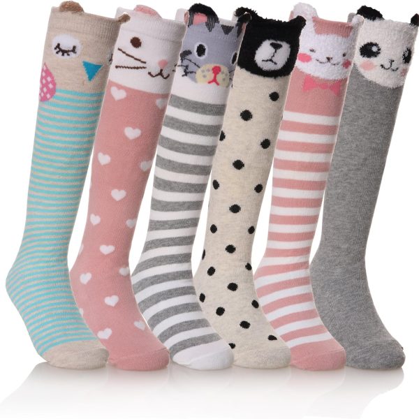 FNOVCO Girls Knee High Socks Kids Crazy Fun Gift Cute Animal Patterns Cotton Long Socks 6 Pairs