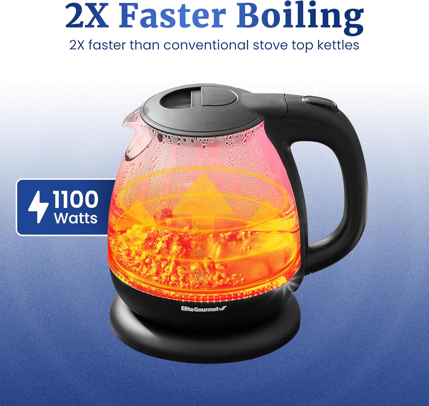 Elite Gourmet EKT1001 Electric 1.0L BPA-Free 1100W Glass Kettle Cordless 360° Base, Stylish Blue LED Interior, Handy Auto Shut-Off Function – Quickly Boil Water For Tea & More, Black 2 Elite Gourmet EKT1001 Electric 1.0L BPA-Free 1100W Glass Kettle Cordless 360° Base, Stylish Blue LED Interior, Handy Auto Shut-Off Function – Quickly Boil Water For Tea & More, Black - Image 2