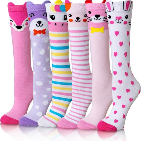 Girls Knee High Socks Kids Crazy Fun Gift Silly Tall Boot Cute Animal Cotton Long Socks 6 Pairs