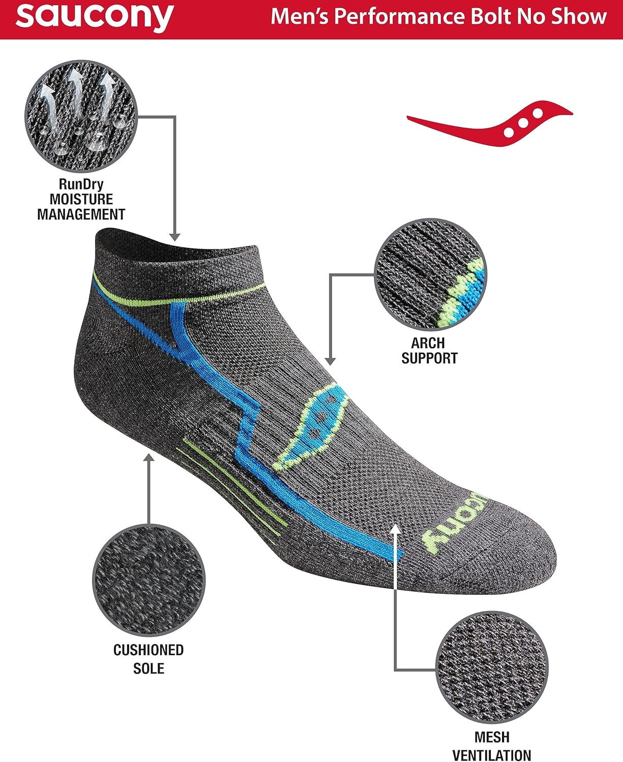 Saucony Men's Rundry Bolt Performance No-show Socks, Available in M-xxl (6, 12, 18 Pairs) 2 Saucony Men's Rundry Bolt Performance No-show Socks, Available in M-xxl (6, 12, 18 Pairs) - Image 2