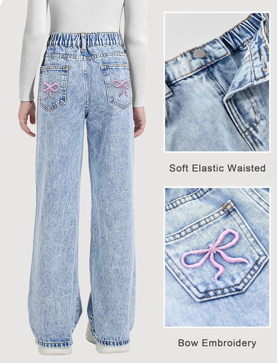 Girls Wide Leg Jeans Baggy Bow Embroidery High Elastic Waist Denim Pants Cute Y2K Trendy Tween Streetwear 8-16Y 4 Girls Wide Leg Jeans Baggy Bow Embroidery High Elastic Waist Denim Pants Cute Y2K Trendy Tween Streetwear 8-16Y - Image 4