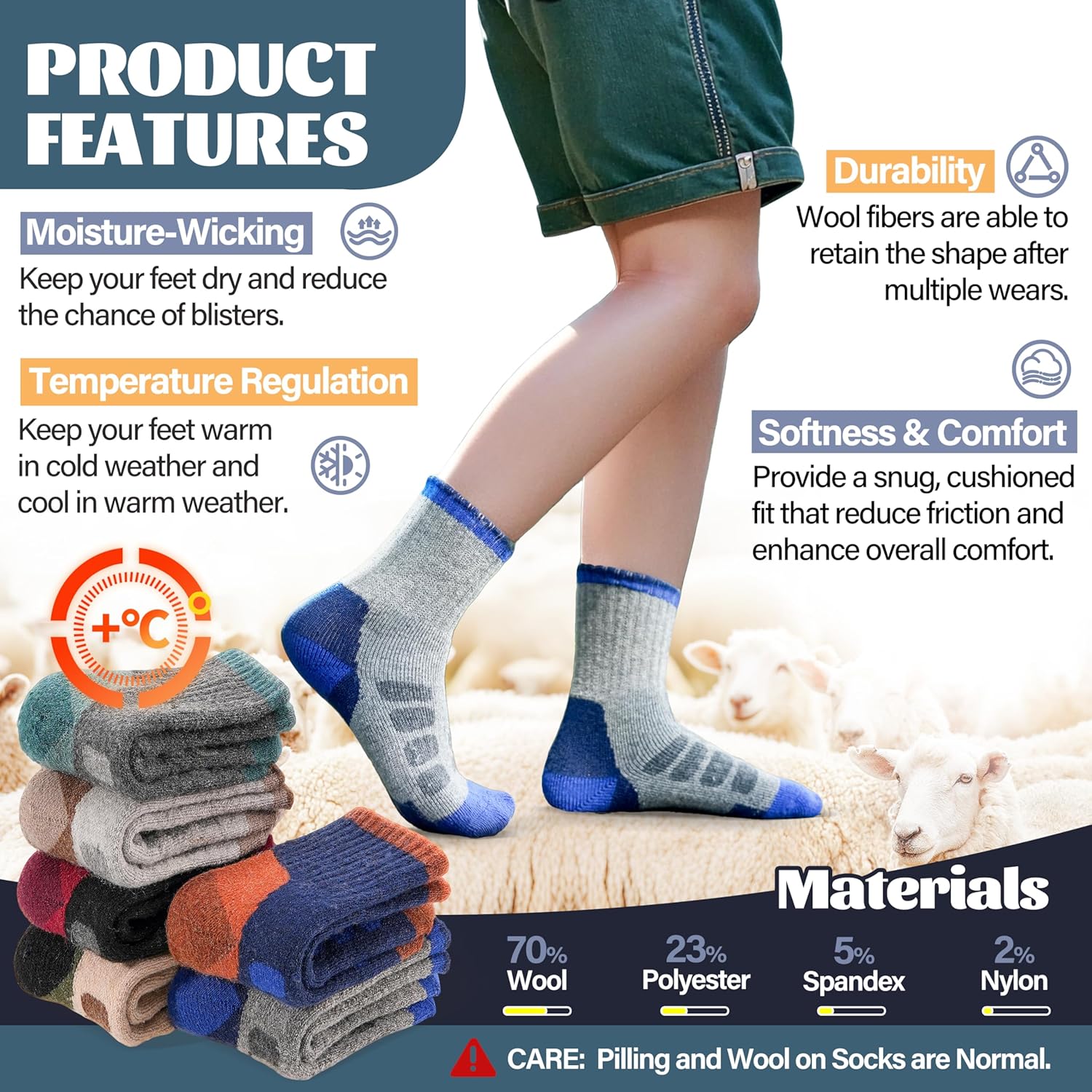 Anlisim Kids Merino Wool Hiking Socks Boys Girls Toddlers Thermal Winter Warm Boot Thick Cushion Gift Socks 6 Pairs 4 Anlisim Kids Merino Wool Hiking Socks Boys Girls Toddlers Thermal Winter Warm Boot Thick Cushion Gift Socks 6 Pairs - Image 4