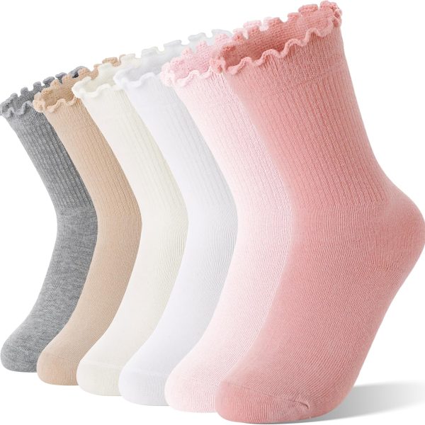 Girls Kids Ruffle Socks Uniform School Dress Frilly Cotton Crew Socks 6 Pairs