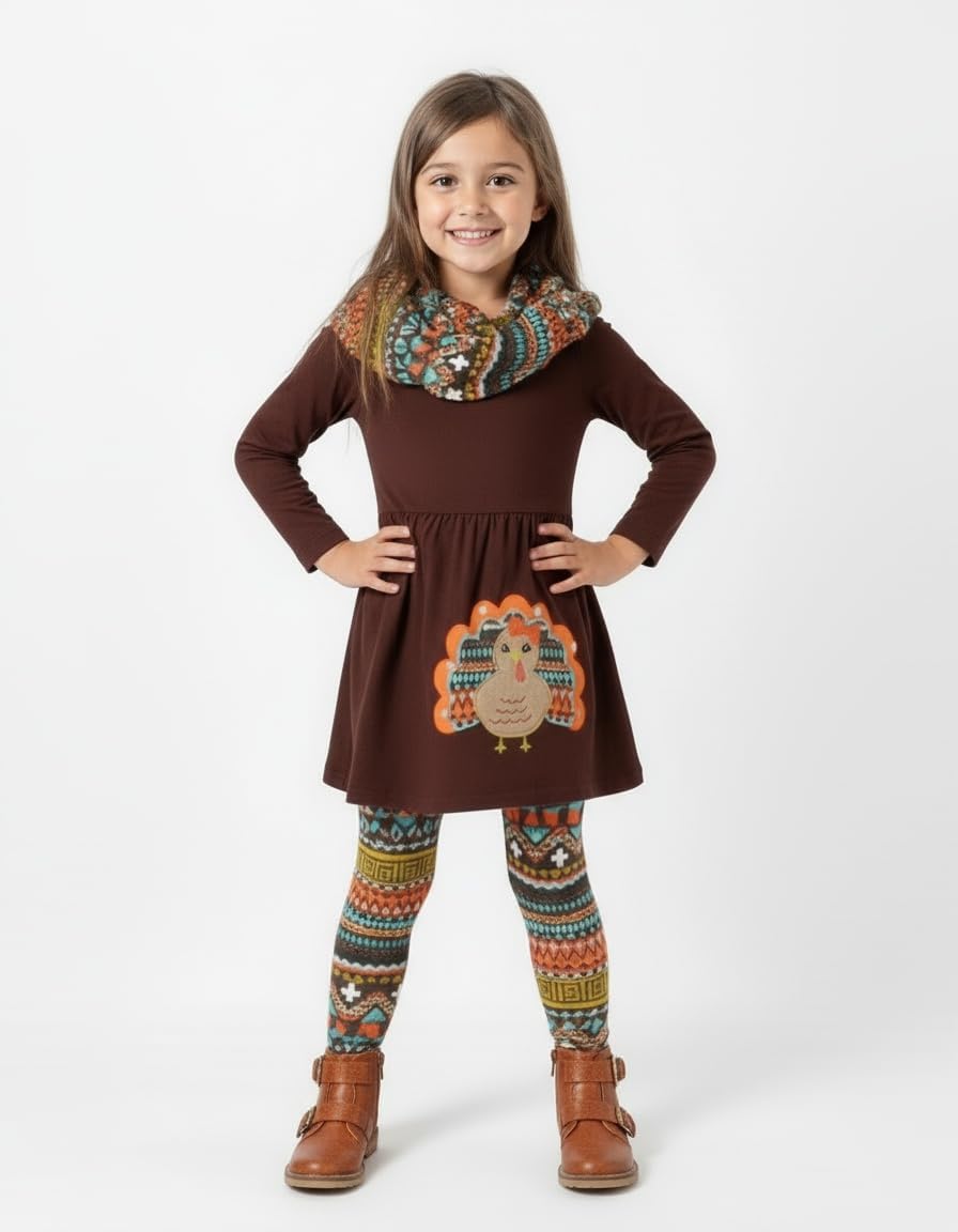 Unique Baby Girls Kids Toddler 3pc Outfit Set Long Sleeve Stretch Tunic Top Leggings and Scarf 2 Unique Baby Girls Kids Toddler 3pc Outfit Set Long Sleeve Stretch Tunic Top Leggings and Scarf - Image 2