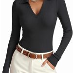 Womens Long Sleeve V Neck Polo Shirts Business Casual Collared Work Top Slim Fitted Basic 2025 Fall Outfit