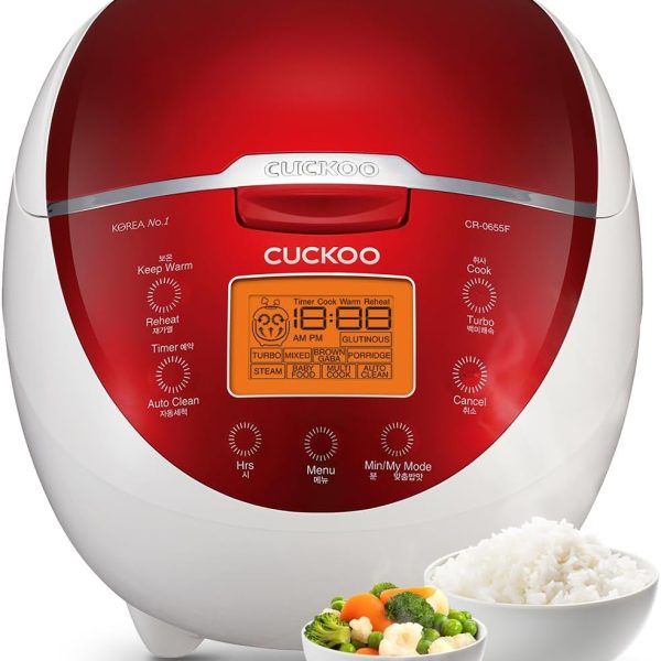 CUCKOO Micom Rice Cooker 6 Cup Uncooked / 12 Cup Cooked, Fuzzy Logic Rice Maker with Delay Timer & Keep Warm Setting, Versatile Food Steamer for Cooking, Non-Stick Inner Pot, Red (CR-0655F)