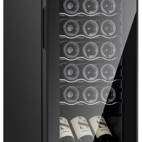 Mini Wine Fridge-Black, 18 Bottles Low Noise Compressor Wine Cooler, Freestanding Wine Cellar with Glass Door and Digital Temperature Control, 14 Inch Wine Refrigerator for Bar, Home & Office