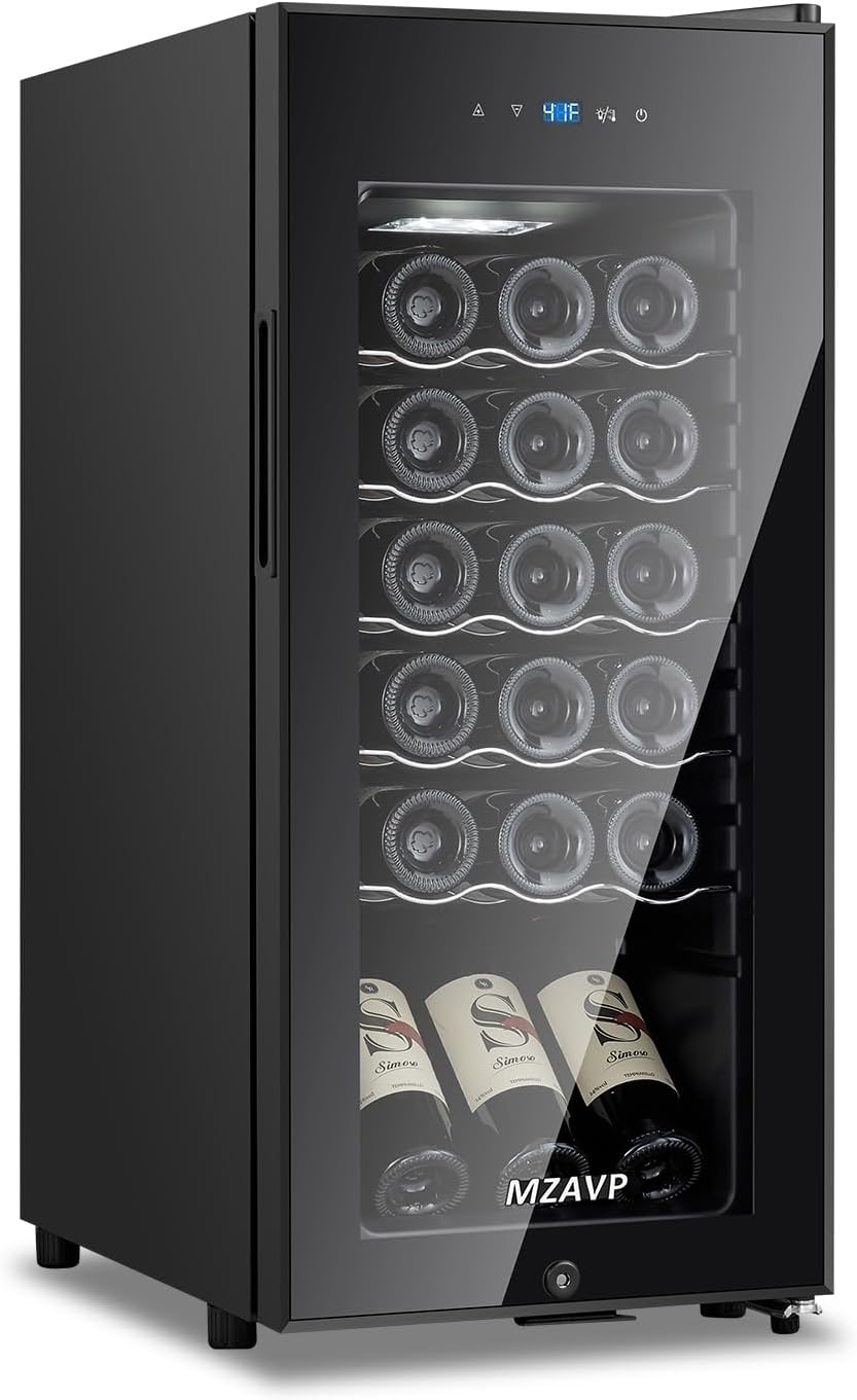 Mini Wine Fridge-Black, 18 Bottles Low Noise Compressor Wine Cooler, Freestanding Wine Cellar with Glass Door and Digital Temperature Control, 14 Inch Wine Refrigerator for Bar, Home & Office 1 Mini Wine Fridge-Black, 18 Bottles Low Noise Compressor Wine Cooler, Freestanding Wine Cellar with Glass Door and Digital Temperature Control, 14 Inch Wine Refrigerator for Bar, Home & Office