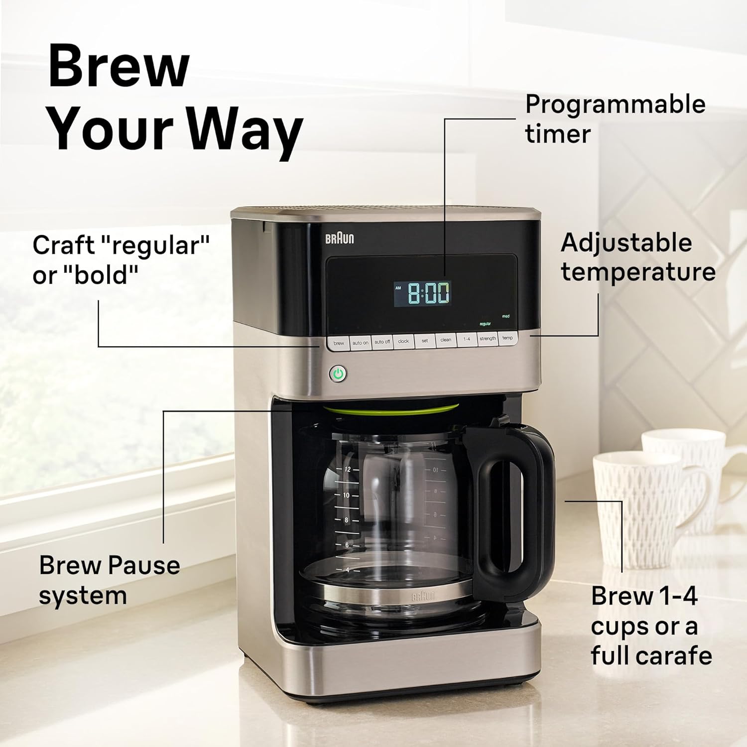 Braun BrewSense 12 Cup Drip Coffee Maker - Pause & Pour Mid Brew, Coffee Machine with 24-Hour Timer & Clock, Bold & Regular Strength, 1-4 Cup Functions, Self Clean, Auto Shutoff, Stainless Steel 4 Braun BrewSense 12 Cup Drip Coffee Maker - Pause & Pour Mid Brew, Coffee Machine with 24-Hour Timer & Clock, Bold & Regular Strength, 1-4 Cup Functions, Self Clean, Auto Shutoff, Stainless Steel - Image 4