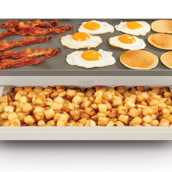 bella 10" x 20" Electric Griddle with Warming Tray, EverGood™ Ceramic Nonstick Coating & Removable Temperature Probe, Dishwasher-Safe Drip Tray & Cool Touch Handles, 1500 Watt, Oatmilk
