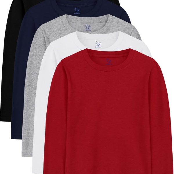 5 Pack Boys Long Sleeve Shirts Cotton T-Shirts Youth Boys Long Sleeve Shirts Multipack Basic Tees Tagless
