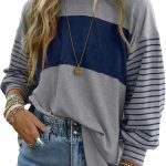 Dokotoo Long Sleeve Tops Oversized 2025 Trendy Round Crew Neck Casual Color Block Womens Shirts Blouses