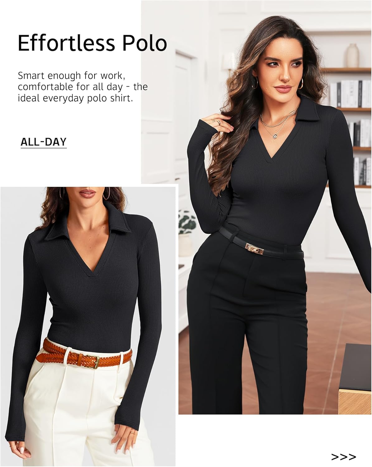 Womens Long Sleeve V Neck Polo Shirts Business Casual Collared Work Top Slim Fitted Basic 2025 Fall Outfit 2 Womens Long Sleeve V Neck Polo Shirts Business Casual Collared Work Top Slim Fitted Basic 2025 Fall Outfit - Image 2