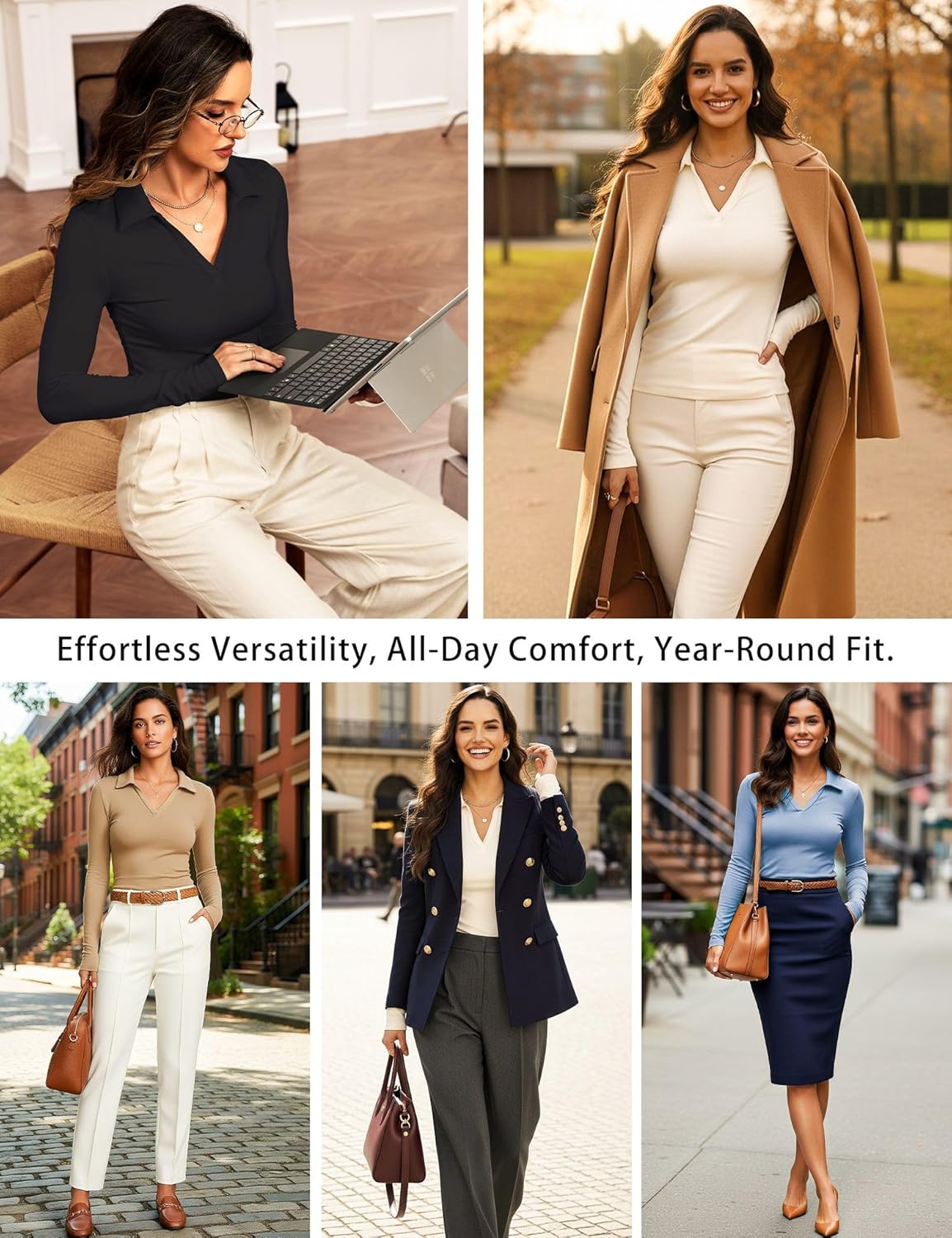 Prettywear Womens Long Sleeve Polo Shirts Business Casual Work Tops Blouse Fitted Collared V Neck Shirt 2025 Fall Clothes 6 Prettywear Womens Long Sleeve Polo Shirts Business Casual Work Tops Blouse Fitted Collared V Neck Shirt 2025 Fall Clothes - Image 6