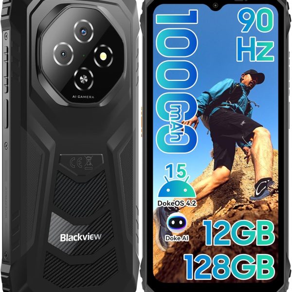 Blackview Fort 1 Rugged Phone Android 15,10000mAh Battery 12GB+128GB 2TB Expand Rugged Smartphone Unlocked, Gemini AI 6.56 Inch 90Hz, 4G T-Mobile Dual SIM IP69K Waterproof, Fingerprint/NFC/OTG/GPS