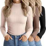 3 Pack Women's Cotton Long Sleeve Mock Turtleneck Tops Ribbed Lettuce Trim Slim Fit Shirts Thermal Base Layer